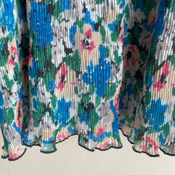 Ganni Pleated Georgette Ruffle V-Neck Blouse in Floral Azure Blue - Picture 11 of 16